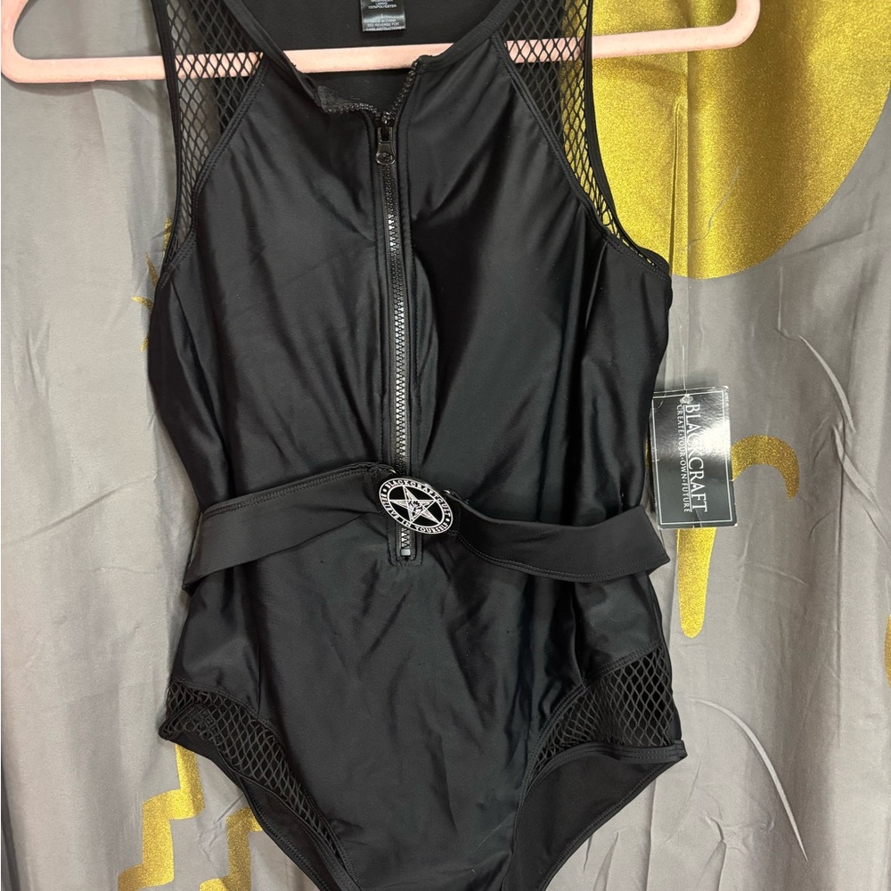 Black Zip-Front One-Piece Swimsuit with Belt - Women
